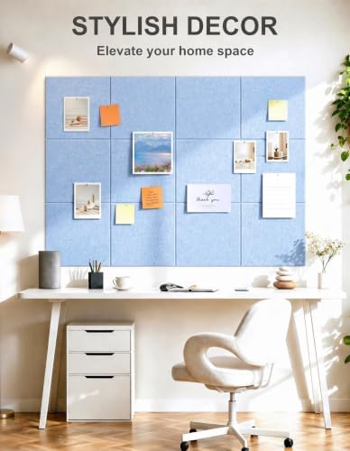 Felt Wall Tiles Bulletin Board Large Cork Board Alternative 12 Pack 11.81”x11.81”x0.47” Felt Pin Board Tack Board with Safe Removable Adhesive Tabs for Home Office School 48x36(Light Blue)