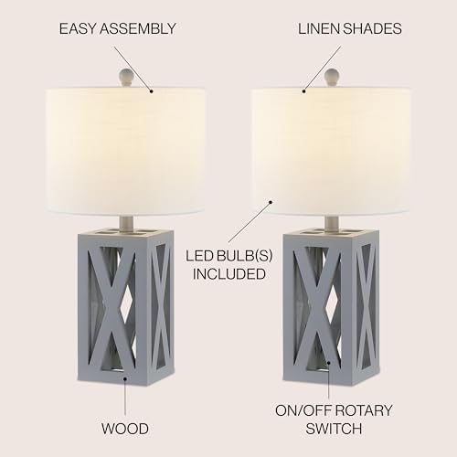 JONATHAN Y Stewart Rustic Wood Bedside Table Lamp 21.5", Gray, Set of 2