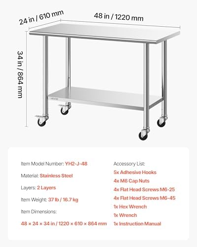 VEVOR Stainless Steel Work Table, 24x48 inch Food Prep Table with Wheels and Backsplash, Commercial Kitchen Workstation with Adjustable Undershelf, Metal Utility Worktable, for Restaurant Home Outdoor