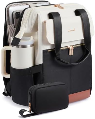 LOVEVOOK Laptop Backpack for Women with Giant Tumbler Holder, 15.6 Inch Work Laptop Bag with USB Port, Fashion Teacher Nurse Backpack Purse, Waterproof Travel Computer Backpack, 2PCS, Beige - Black