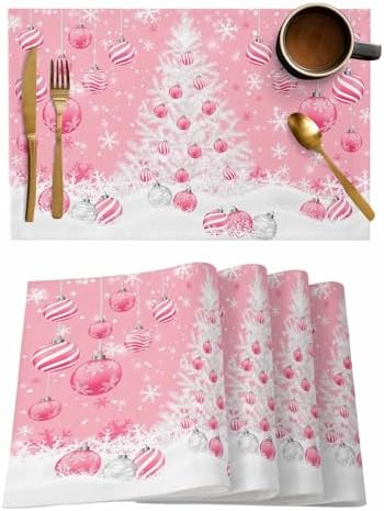 Pink Christmas Placemats Set of 4, White Xmas Tree Snowflakes Pink Balls Heat Resistant Washable Table Place Mats Winter Cotton Table Linens Party Holiday Decor for Kitchen Dining Outdoor Indoor