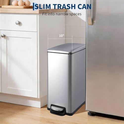 PrecisionAuto 12 Gallon Slim Trash Can with Lid, 45L Stainless Steel Step Garbage Can with Soft-Close Lid & Inner Bucket, Narrow Kitchen Garbage Bin, Metal Wastebasket for Home/Office, Silver