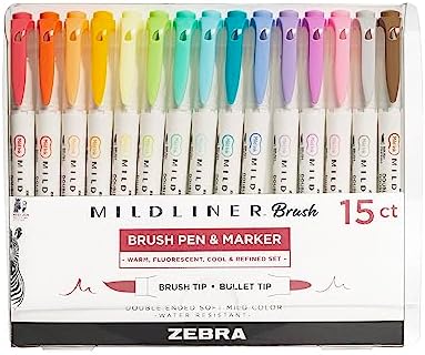 Zebra Pen MILDLINER No Bleed Brush Pen, Assorted Soft, Dual Tip, 15-Pack
