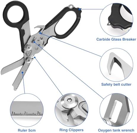 Heavy Duty 6 in 1 Multifunctional Trauma Shears Foldable | Stainless Steel emergency response scissors | Survival Shears with Holster | Medical Trauma shears Tactical With Strap Cutter | Black