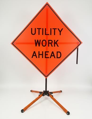 Traffic Roll-Up Sign Kit with Stand – Collapsible Safety Sign & Heavy-Duty Portable Stand, High Visibility, Easy Setup (Utility Work Ahead, Mesh)