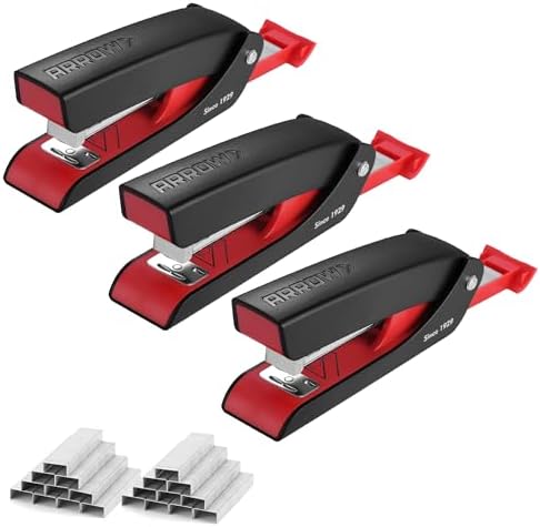 Arrow Office Stapler Set, 25 Sheet Capacity Metal Desk Staplers with 2100 Staples, Half Strip Design and Non-Slip Base, Spare Staple Storage for Classroom, Office and Home, 3 Pack