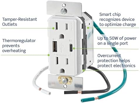Leviton T5634-G 60W (20V@2.5A+ 5V@2A) USB Dual Type A/Type-C Power Delivery in-Wall Charger with 15A Tamper-Resistant Outlet, USB Charger for Smartphones, Tablets, Laptops, Gray