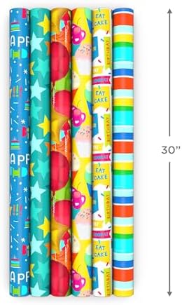 Hallmark Birthday Wrapping Paper Rolls, 6 Rolls (Stars, Stripes, Balloons)