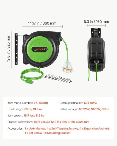 VEVOR Retractable Extension Cord Reel 65FT Heavy Duty 12AWG/3C SJTOW Green