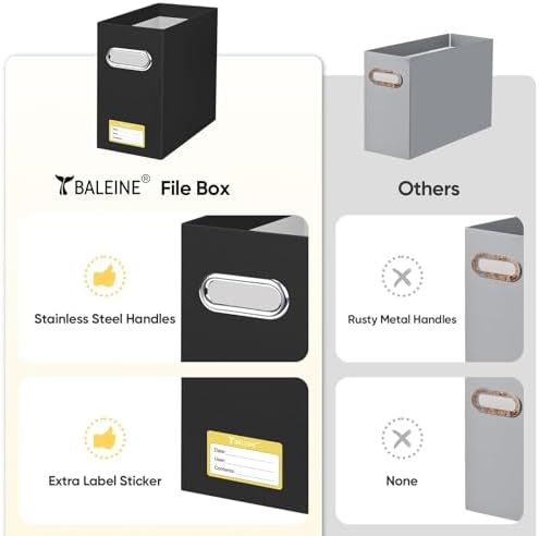 BALEINE 4PK File Organizer Box, Cardboard File Folder Organizer with Handle | Strong Corrugated Paper Core, Label Stickers for Identification, Hanging File Folder Organizer, Home Office Document Storage