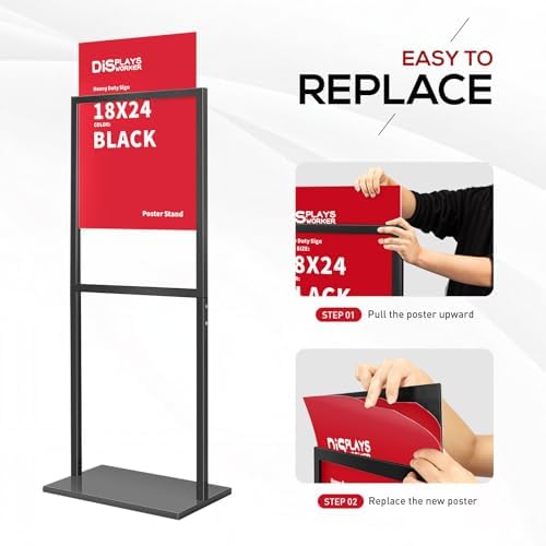 DISPLAYSWORKER Sign holder floor stand, heavy Duty Pedestal poster banner stand for display,18×24 inch slide-in double sided poster sign holder floor standing for board Display (Black, 18×24)