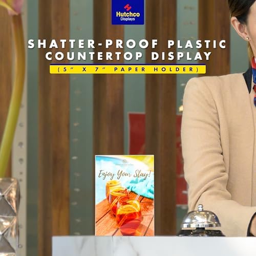 Paper Sign Holder (5 x 7 Inches) Plastic Countertop Display w/Shatterproof (No Acrylic) Clear Design & Cardboard Easel Back Tabletop Slant Support for Stackable Lightweight Portable by Hutchco