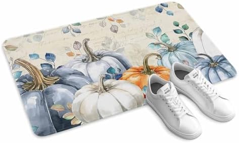 Fall Door Mat Blue Pumpkin Doormat Eucalyptus Leaves Branch Harvest Thanksgiving Welcome Mat Non Slip Rubber Entryway Front Rug Floor Mat for Indoor Outdoor Kitchen Autumn Holiday Home Decor 18x30