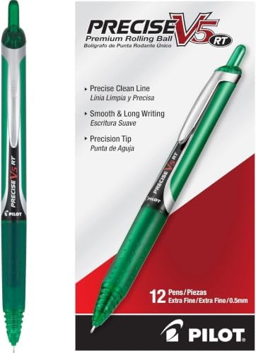 PILOT, Precise V5 RT Refillable & Retractable Rolling Ball Pens, Extra Fine Point 0.5 mm, Green, 12 Count (Pack of 12)