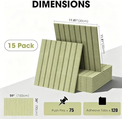 Large Cork Board for Walls 59" x 36",15 Pack 12"X12"Felt Bulletin Board Tiles with 120 Adhesive Tabs,Cork Board Alternative for Office Decor, Push Pin Board Wall Organizer-Sage Green
