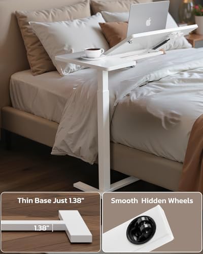 Simple Deluxe Overbed Bedside Table with Hidden Casters, Height Adjustable Desk with Tilting Top, Mobile Rolling Laptop Desk, Standing Rolling Desk Hospital Home Use, White