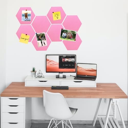 8 Pcs Hexagon Felt Cork Bulletin Board Tiles, Self Adhesive DIY Bulletin Board Pin Board for Office School Home Wall Decor Memos Photos Display(Bright Pink)