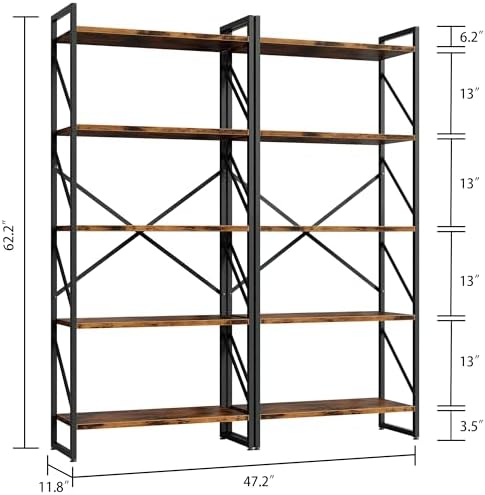 Shintenchi 2 Pieces 5 Tiers Bookshelf, Classically Tall Bookcase Shelf, Industrial Book Rack, Modern Book Holder in Bedroom/Living Room/Home/Office, Storage Rack Shelves for Books/Movies-Rustic Brown