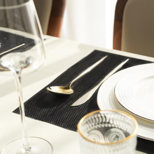 Placemats Set of 6 Vinyl/Plastic Woven Place Mats for Kitchen Table Indoor/Outdoor Washable Placemat Wipeable Dining Table Mats (Full Black,6)