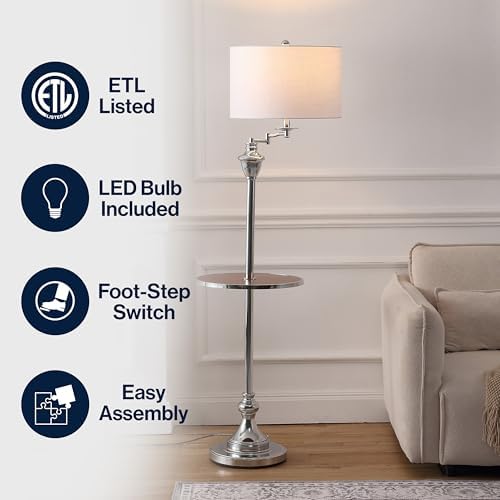 JONATHAN Y Cora 60" Metal Swing Arm Floor Lamp, Chrome/Brown Wood