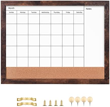 Dry Erase Calendar Whiteboard for Wall, 13" x 17" Small Combination Magnetic Dry Erase White Board & Bulletin Board, Walnut Brown Frame Calendar/Cork Combo Board(WB-3343-B)
