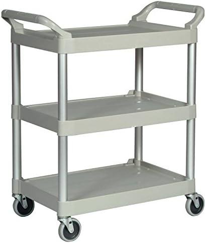 Rubbermaid Commercial Products Heavy Duty 3-Shelf Rolling Service/Utility/Push Cart, 200 lbs. Capacity, Platinum, for Foodservice/Restaurant/Cleaning/Warehouse/Garage