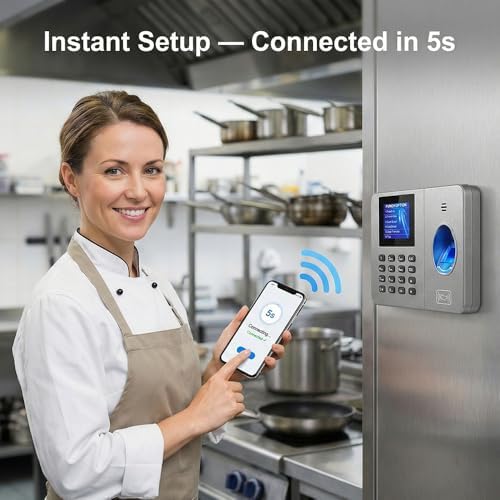 App-Controlled Time Clock with 5s Fast Connection, Edit Records, Set Rules & Run 4 Reports, No Monthly Fee, Fingerprint Time Clock for Employees Small Business, 10 IC Cards