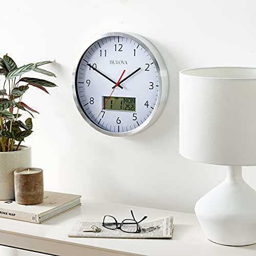 Bulova Manager Wall Clock C4810 | 14" Brushed Aluminum Industrial Frame with Digital Date & Temperature Display | Silent Sweep Quartz Movement | Battery Operated | Office & Home Décor