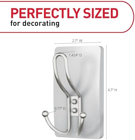 Command X-Large Satin Nickel Triple Hook,1 Hook,3 Strips,Damage-Free Hanging with Adhesive Strips,No Tools Wall-Hook for Hanging Decorations in Living Spaces,(Pack of 8)