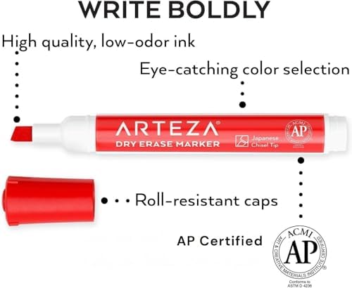 ARTEZA Dry Erase Markers, 52-Pack, Chisel Tip, 4 Assorted Colors, Low-Odor Ink for Whiteboards, Classroom, Office, or Home Use