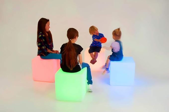 Mr.Go 14-Inch Color Changing LED Cube Light Stool, Glow Cube Seat for Kids | Modern LED Light Side Table, 16 RGB Colors Mood Lighting, Ideal for Home Garden Patio Bar Pool Party Decorative Lighting