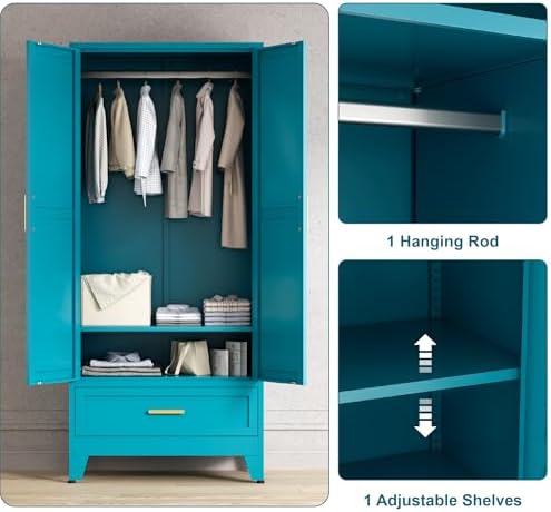 Washsemba 71'' Farmhouse Metal Wardrobe Cabinet with Hanging Rod, 2 Barn Door Wardrobe Closet with Adjustable Shelves,Drawer,for Dining Room,Bedroom,Living Room, Cloak Room,Office (Peacock Blue)