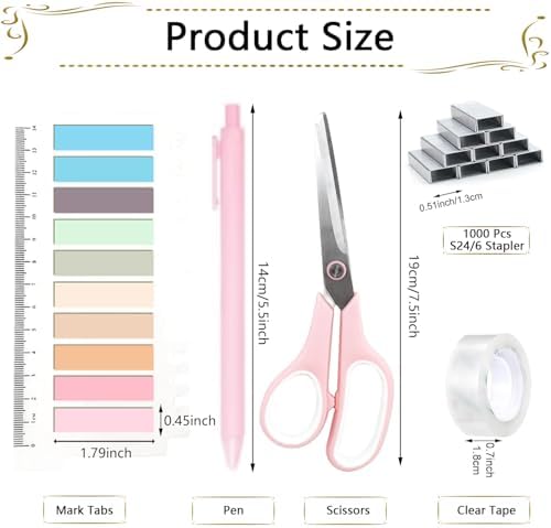 Office Supplies,Pink Desk Accessories, Stapler and Tape Dispenser Set for Women with Stapler,Tape Dispenser,Staple Remover,Staples,Clips,Scissors and Tabs,Gift for Students,Coworkers,Teacher,Business