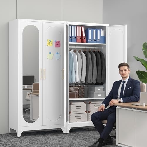 Polup Metal Armoire Wardrobe Closet with Mirror, Clothing Storage Cabinet