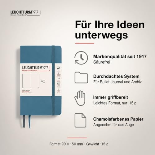 LEUCHTTURM1917 - Notebook Softcover Pocket A6-123 Numbered Pages for Writing and Journaling (Plain, Stone Blue)