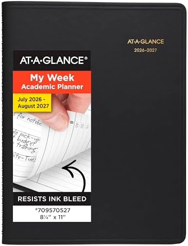 AT-A-GLANCE Planner 2026-2027 Weekly Academic 14-Month July-August, Quarter-Hourly Appointment Book, 8-1/4" x 11", Black (7095705)