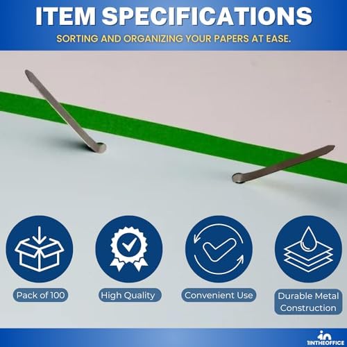 1InTheOffice Paper Fasteners, Prong Fasteners, Metal Fasteners, 2 Inch, 2.75" Center to Center, 100 Pieces/Pack, (100)