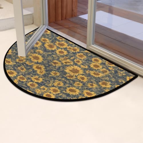 Sunflower Retro Flower Half Round Door Mat Non Slip Washable Semi Circle Area Rug Absorbent Soft Half Moon Rug Floor Mat for Indoor Outdoor Kitchen Bathroom Patio Front Door Mat Decor