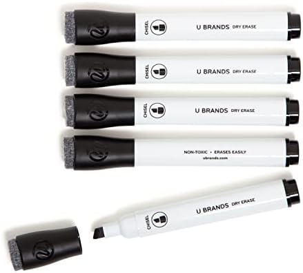 U Brands Black Dry Erase Markers with Eraser, Chisel Tip, 5 Count