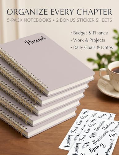5 Pack Hardcover Spiral Notebooks, 8.3" x 6.3" Lined Journal Set, 100 GSM Bleed-Resistant Paper, 200 Pages Twin-Wire Bound Notebook with Elastic Band & Category Stickers for Office, School