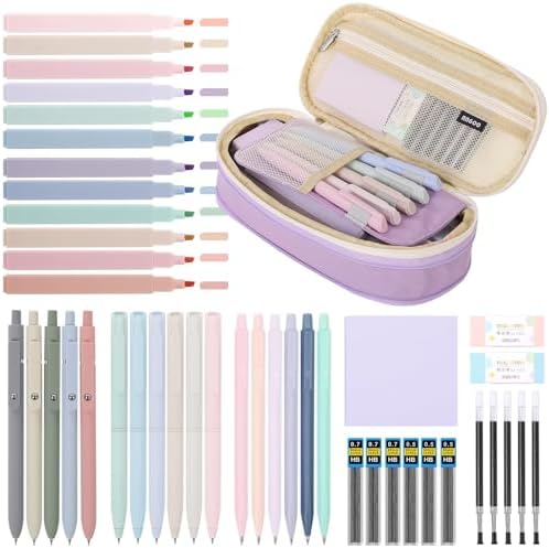 SKYDUE Cute School Supplies 44 PCS, Aesthetic Pencil Case with 12 Pastel Highlighters, 5 Black Gel Pens, 6 Color Gel Pens & Mechanical Pencils, College Essentials Students Stationary Set Purple