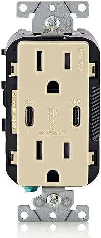Leviton T5637-I 30W (6A) USB Dual Type-C/C in-Wall Charger with 15A Tamper-Resistant Outlet, USB Charger for Smartphones and Tablets, Not for Laptops, Ivory