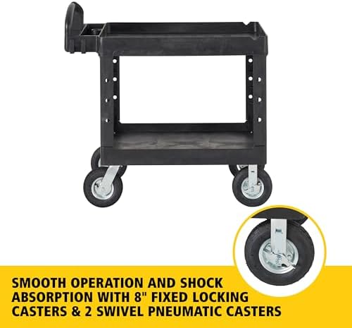 Rubbermaid Commercial Products BRUTE Heavy Duty 2-Shelf Utility/Service Cart, Medium, Lipped Shelves, Ergonomic Handle, Pneumatic Casters, 500 lb Capacity, Black, for Warehouse/Garage/Cleaning/Office