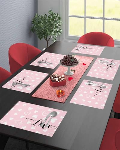 Pink Valentine's Day Placemats Set of 6, Valentines Love Heart Heat Resistant Washable Table Place Mats Cotton Table Linens Party Holiday Decorations for Home Kitchen Dining Table Outdoor Indoor,