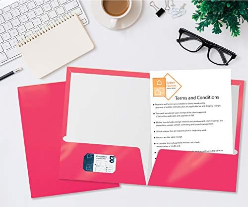 Better Office Products 2 Pocket Glossy Laminated HOT Pink Paper Folders, Letter Size, 25 Pack, Portfolios Box of 25