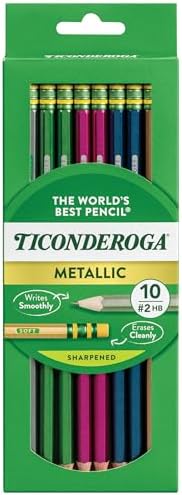 Ticonderoga Wood-Cased Pencils, Pre-Sharpened | #2 HB Soft, Metallic Colors, 10 Count, Standard Size, High Quality Eraser