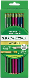 Ticonderoga Wood-Cased Pencils, Pre-Sharpened | #2 HB Soft, Metallic Colors, 10 Count, Standard Size, High Quality Eraser