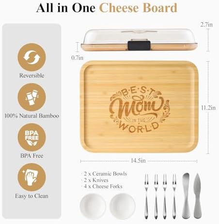 Portable Bamboo Charcuterie Board with Lid, Engraved Mom Print