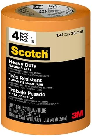Scotch Heavy Duty Painter's Tape, 4 Rolls, 1.41 in x 60.1 yd, for Use On Vinyl, Carpet, Metal, & Plastic, Indoor & Outdoor Masking Tape, Bonds Aggressively, 3-Day Clean Removal (2020+-36AP4)