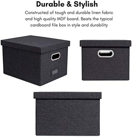 Internet's Best Collapsible File Storage Organizer with Lid - Decorative Linen Filing & Storage Office Box – Hanging Letter/Legal Folder – Home Office Bins Cabinet – Charcoal Container - 6 Pack